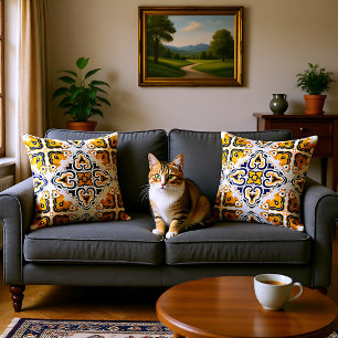 Cojín Decorativo 💛 💙 Hermosos Azulejos azules y amarillos,