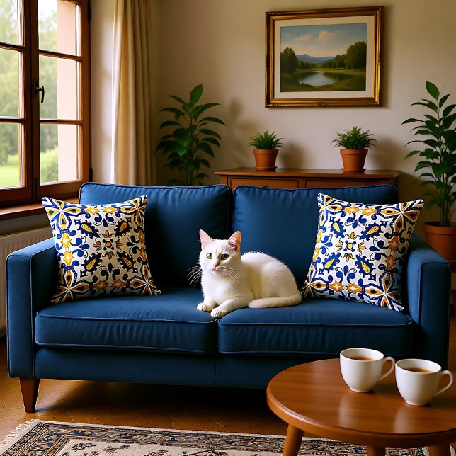 Cojín Decorativo 💙 💛 Hermosos Azulejos azules y amarillos, (💙💛 Beautiful blue and yellow Azulejos, Throw Pillow)