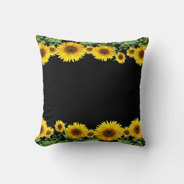 Cojín Decorativo Hermosos girasoles amarillos en negro (Anverso)