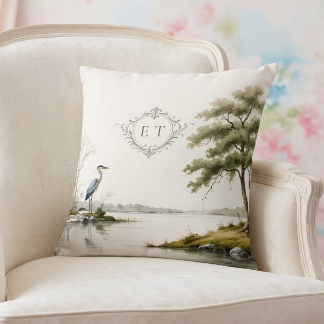Cojín Decorativo Heron Lake Toile French Country Wedding Monogram (Subido por el creador)