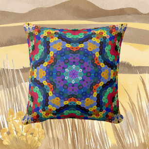 Cojín Decorativo Hex Mandala Azul Amarillo Rojo y Verde