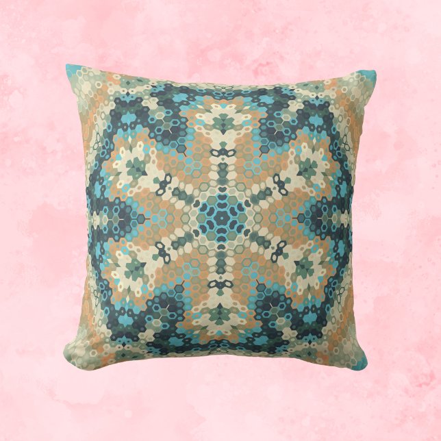 Cojín Decorativo Hex Mandala Azul y Naranja (Blue and Orange Hexagon Mandala Throw Pillow by Wormhole Orbital)