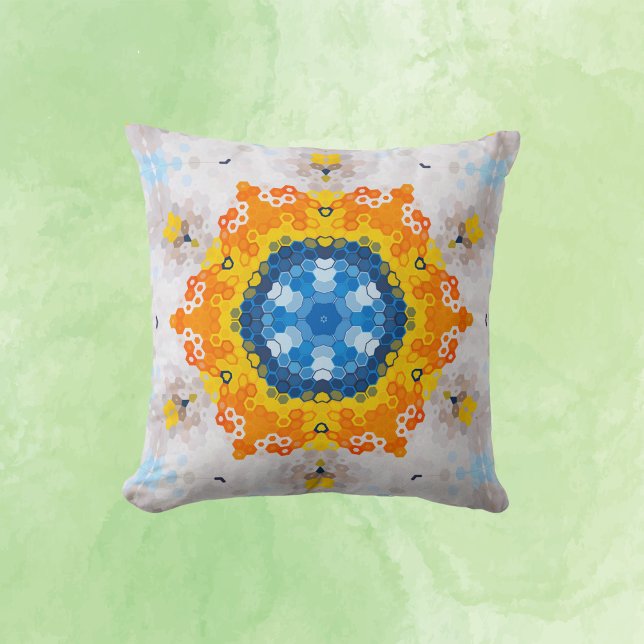 Cojín Decorativo Hex Mandala Naranja amarillo azul y blanco (Subido por el creador)