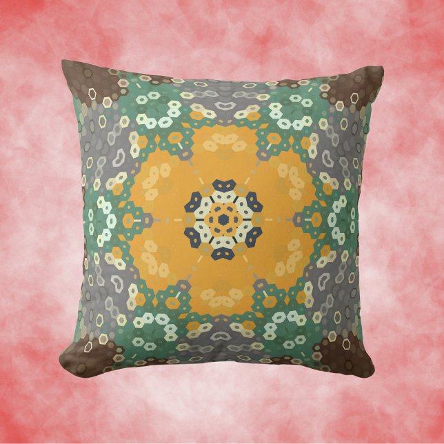 Cojín Decorativo Hex Mandala Verde azulado amarillo y marrón (Yellow Teal and Brown Hexagon Mandala Throw Pillow by Wormhole Orbital.)