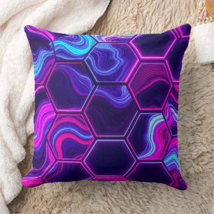 Cojín Decorativo Hexágono de neón rosa y mármol púrpura patrón abst