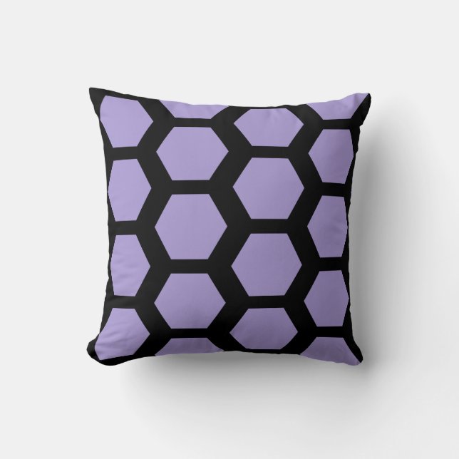 Cojín Decorativo Hexágono hexagonal de abeja negra morado de lavand (Anverso)
