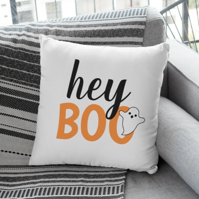 Cojín Decorativo Hey Boo Naranja White Funny Fantasma Halloween (Subido por el creador)