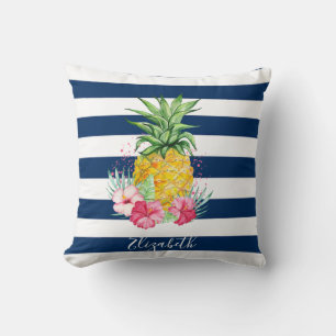 Cojín Decorativo Hibisco de Piña Acuarela, Raya Azul Marino