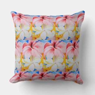 Cojín Decorativo Hibisco Plumeria Amarillo Rosa Azul Vintage