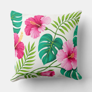 Cojín Decorativo Hibisco Rosa Tropical y Hojas de Monstera