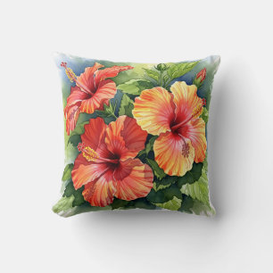 Cojín Decorativo Hibisco Tropical Rojo y Amarillo Floral Acuarela