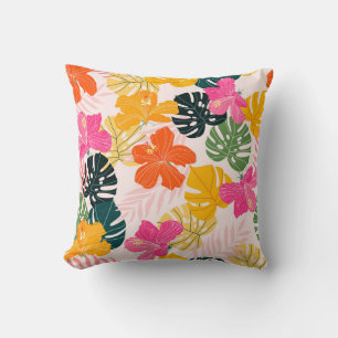 Cojín Decorativo Hibiscus and monstera hojas patrón tropical desi