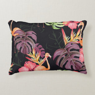Cojín Decorativo Hibiscus, Flamingos, Patrón tropical acuarela.