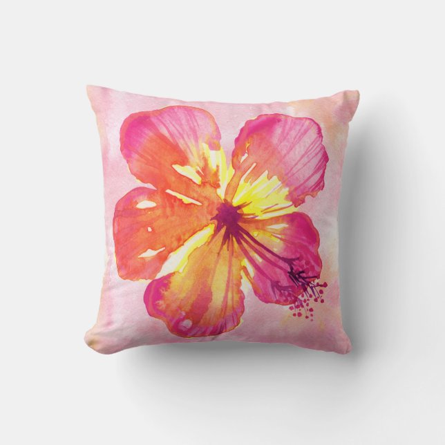 Cojín Decorativo Hibiscus rosa tropical sobre acuarela abstracta (Anverso)