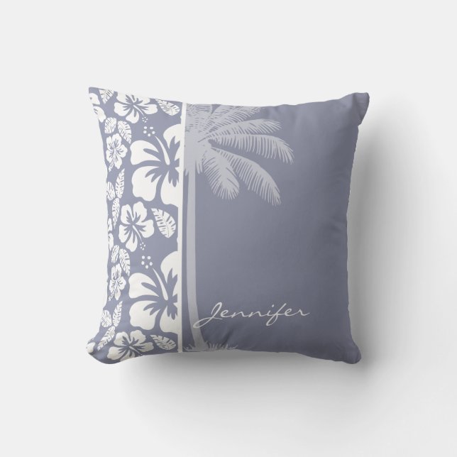 Cojín Decorativo Hibiscus tropical hawaiano gris-azul; Palm (Anverso)