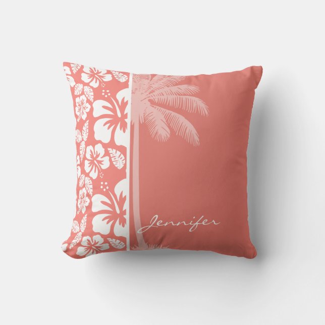 Cojín Decorativo Hibiscus Tropical Rosa Coral; Palm De Verano (Anverso)