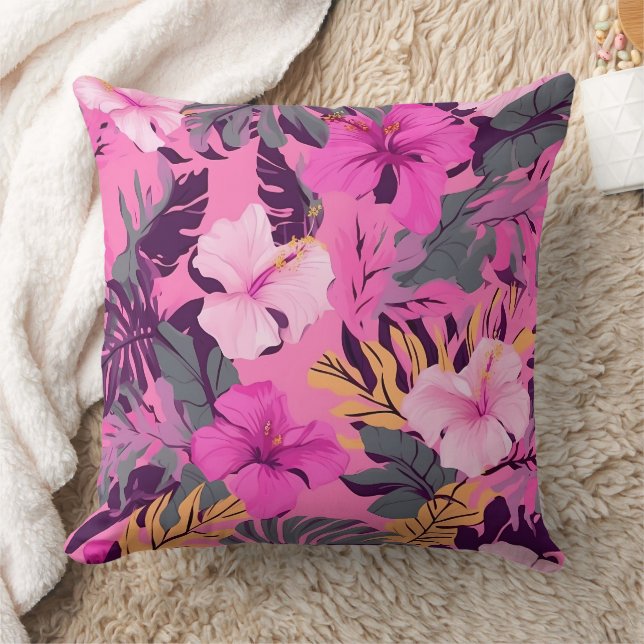 Cojín Decorativo Hibiscus Tropical Rosa - Diseño floral Leafy (Manta)
