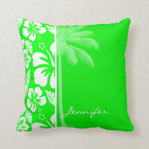 Cojín Decorativo Hibiscus tropical verde eléctrico; Palm