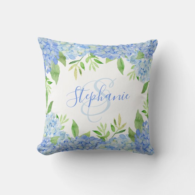Cojín Decorativo Hidrangea acuarela floral Monograma (Anverso)