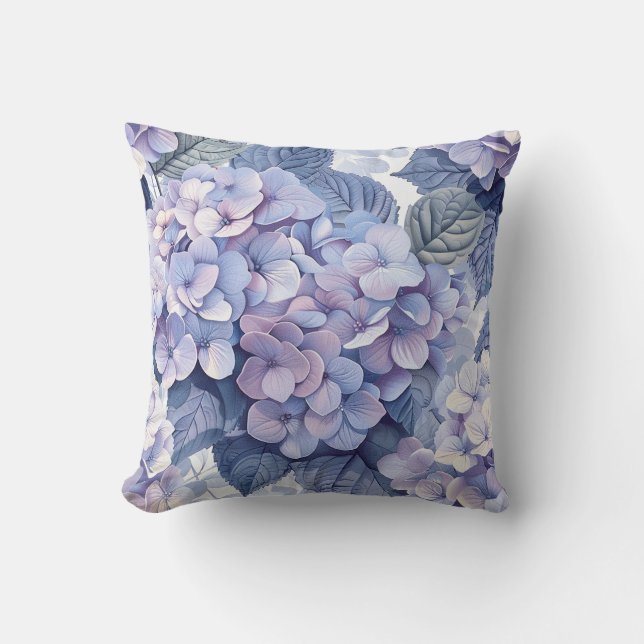 Cojín Decorativo Hidrangea hortensia pétalos de flor azul púrpura (Anverso)