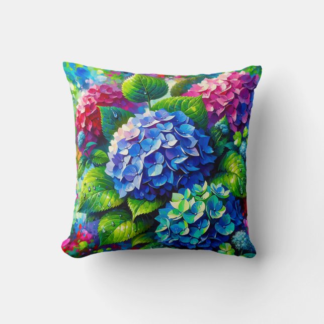 Cojín Decorativo "Hidrangeas con gotas de lluvia - Vibrante arte fl (Anverso)