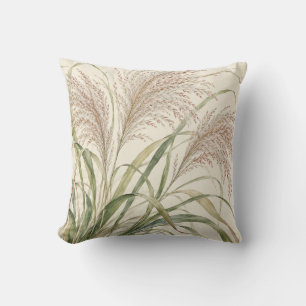 Cojín Decorativo Hierba Miscanthus Rosado Marfil Acuarela Botánica