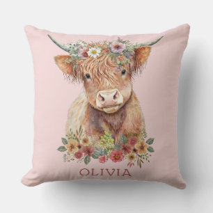 Cojín Decorativo Highland Cow Pink Floral Whimsical Cute Girly