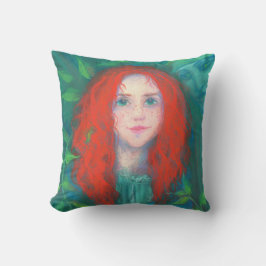 Cojín Decorativo Hijo del bosque, chica de pelo rojo, tonos verdes