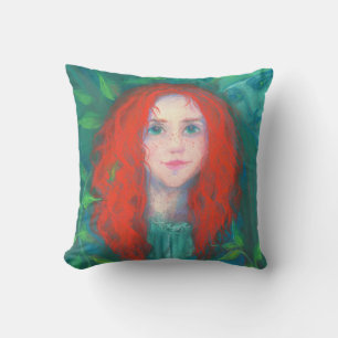 Cojín Decorativo Hijo del bosque, chica de pelo rojo, tonos verdes
