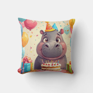 Cojín Decorativo Hipopótamo Adorable Celebrando Cumpleaños con Tort