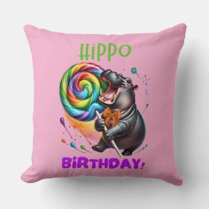 Cojín Decorativo Hippo Cumpleaños Alegre, Colorida Bañera de Vela