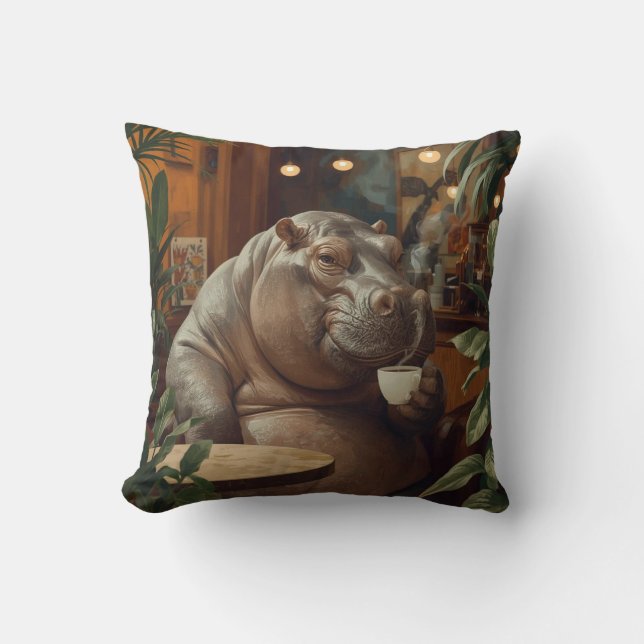 Cojín Decorativo Hippo drinks coffee. Surreal style (Anverso)