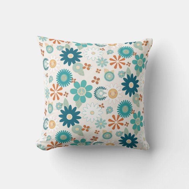 Cojín Decorativo Hippy Retro Vibe 70 Daisy Peace Naranja azul bebé (Anverso)