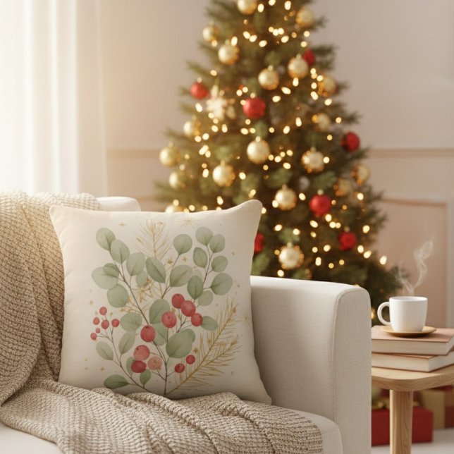 Cojín Decorativo Hogar Alegre: Acuarela Botánica de Navidad Rústica (Subido por el creador)