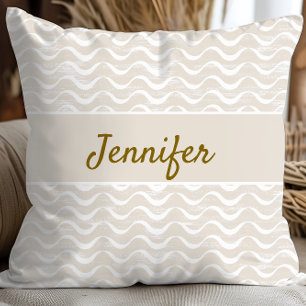 Cojín Decorativo Hogar costero con olas náuticas beige y blanco