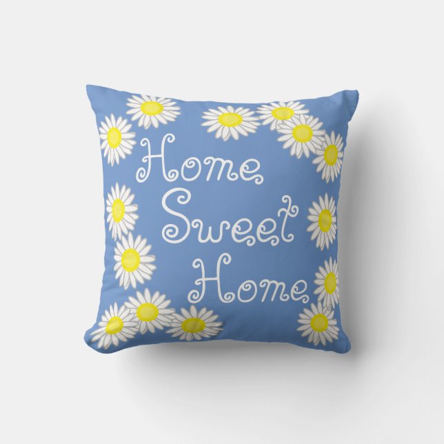Cojín Decorativo Hogar dulce hogar margarita azul blanco y amarillo (Anverso)
