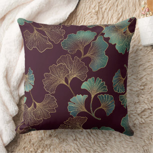 Cojín Decorativo Hoja de Ginkgo elegante en Burdeos y Turquesa (1)