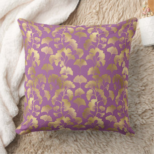 Cojín Decorativo Hoja de Ginkgo Púrpura Real Patrón de Lujo Dorado