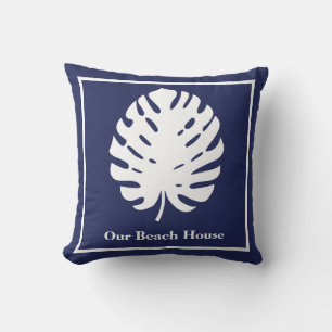 Cojín Decorativo Hoja de Monstera Azul Marino Blanco Costero Person