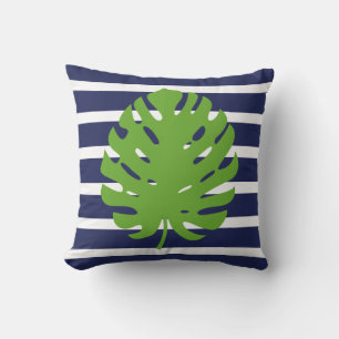Cojín Decorativo Hoja de Monstera Azul Marino y Blanco Raya Costera