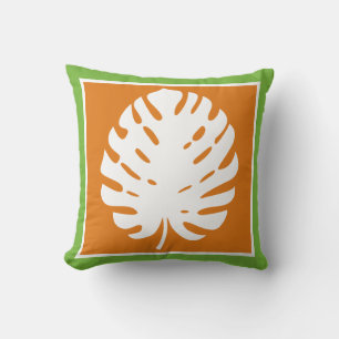 Cojín Decorativo Hoja de Monstera Naranja Blanco Moderno Costero