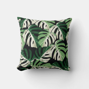 Cojín Decorativo Hoja de Monstera Patrón Negro Exótico