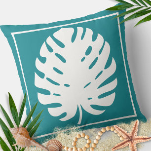 Cojín Decorativo Hoja de Monstera Turquesa Blanca Costera Moderna