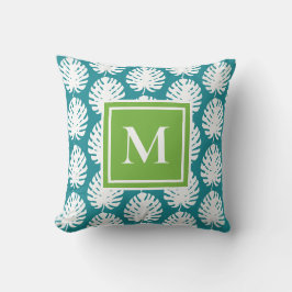 Cojín Decorativo Hoja de Monstera Verde Aqua Blanco Monograma Coste
