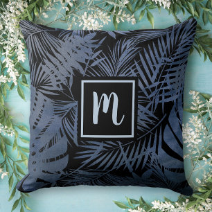 Cojín Decorativo Hoja de palmera tropical azul marino, monograma mo