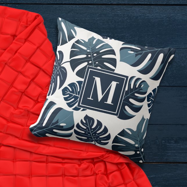 Cojín Decorativo Hoja Monstera Azul y Blanca Tropical (Subido por el creador)