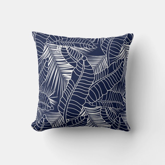 Cojín Decorativo Hoja tropical, fondo azul marino (Anverso)