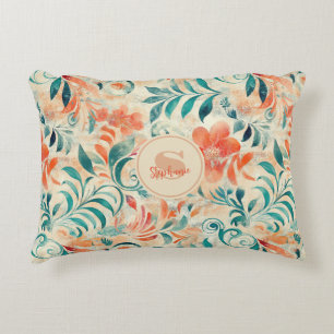 Cojín Decorativo Hojas azules rusas y patrón floral Naranja rojo