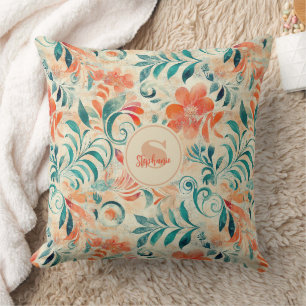 Cojín Decorativo Hojas azules rusas y patrón floral Naranja rojo