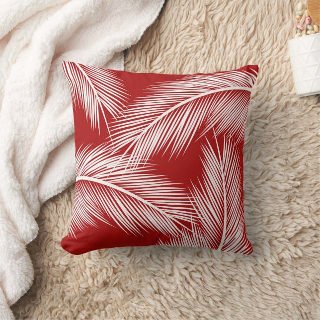 Cojín Decorativo Hojas blancas de palma en el fondo de color rojo (Manta)